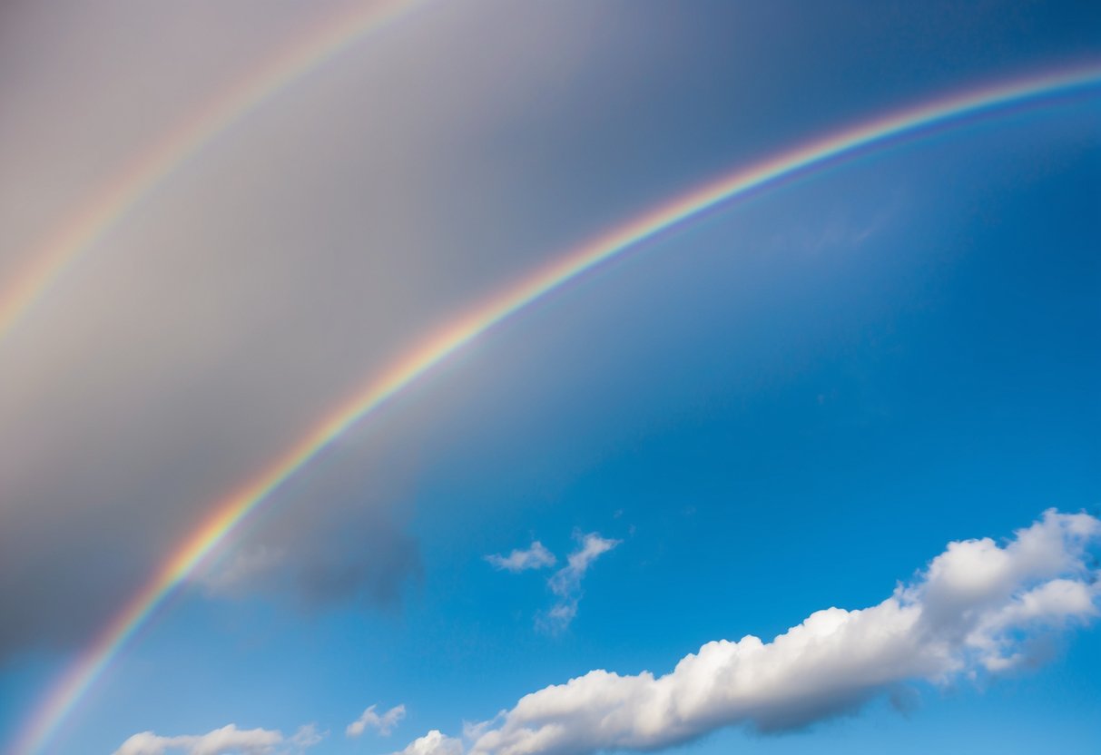 A rainbow forms in the sky, with vibrant colors blending together in a graceful arc