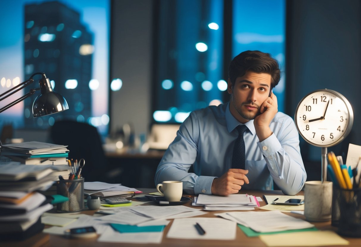 A cluttered desk with scattered papers and office supplies, a clock showing a late hour, and a person deep in thought, surrounded by distractions