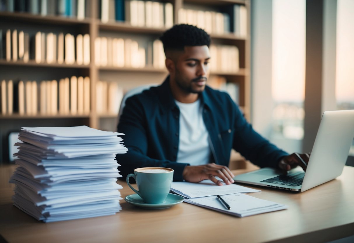 A peaceful desk with a neatly arranged stack of papers, a cup of coffee, and a focused individual working on a laptop