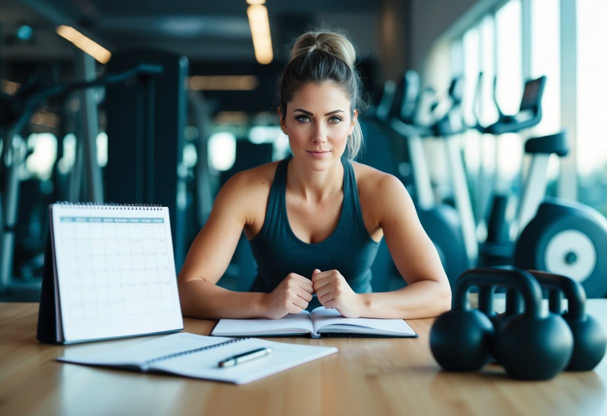 A person surrounded by gym equipment, a calendar, and a to-do list. They are focused and determined, with a clear sense of purpose and organization