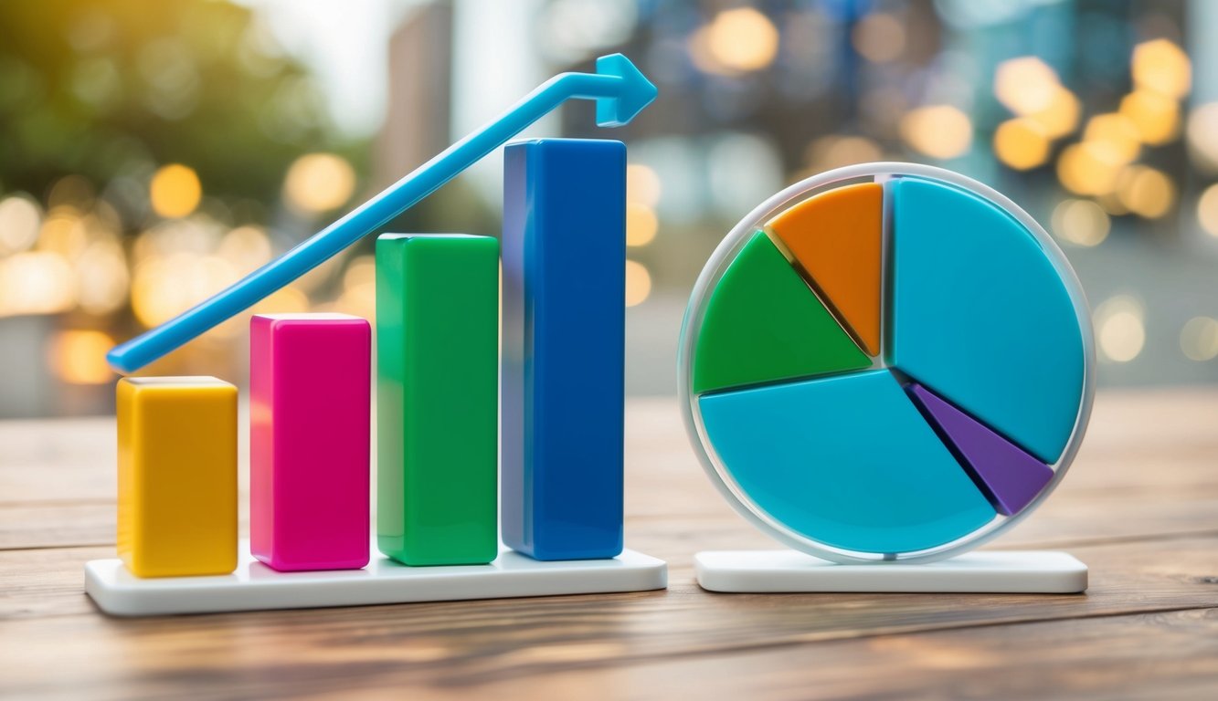 A colorful bar graph and pie chart stand side by side, showcasing the latest statistics on visual content marketing. Vibrant colors and clear labels make the data easy to interpret