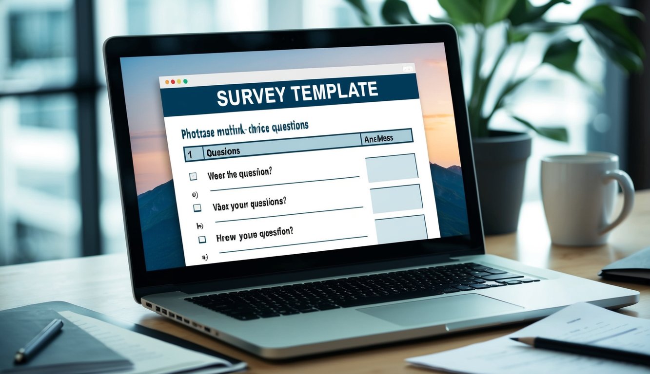 A desk with a laptop, pencil, and paper. A survey template with multiple-choice questions is displayed on the screen