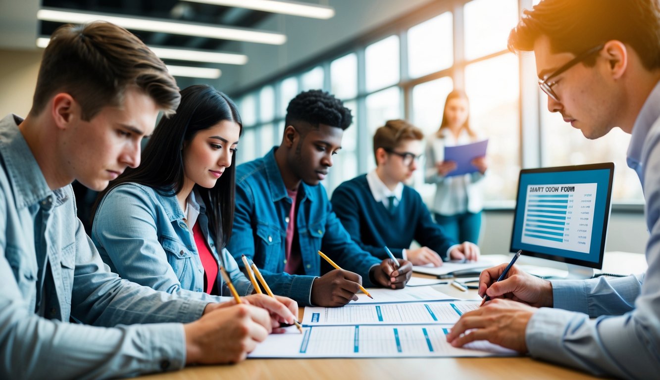 A group of students filling out a survey form with pens and pencils at a table, while another student analyzes the collected data on a computer