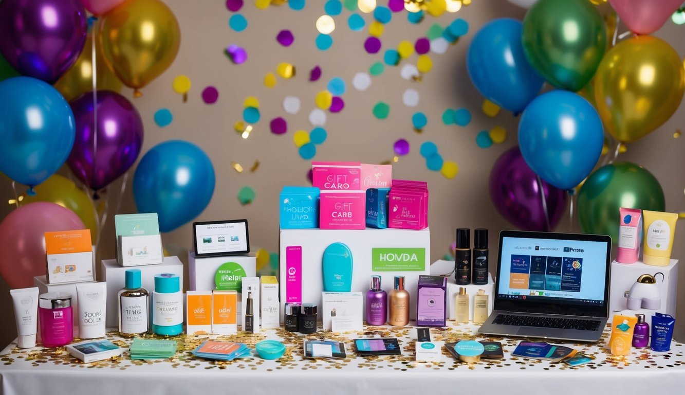 A table with various items such as gift cards, electronic gadgets, and beauty products arranged in an organized manner, surrounded by colorful balloons and confetti