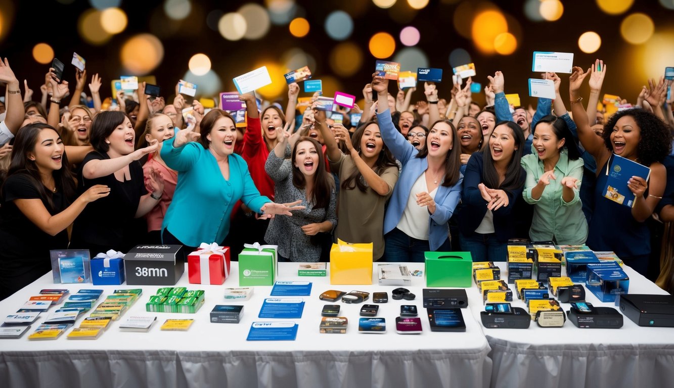 A table with a variety of prizes such as gift cards, electronics, and merchandise. A crowd of excited people eagerly reaching for the prizes