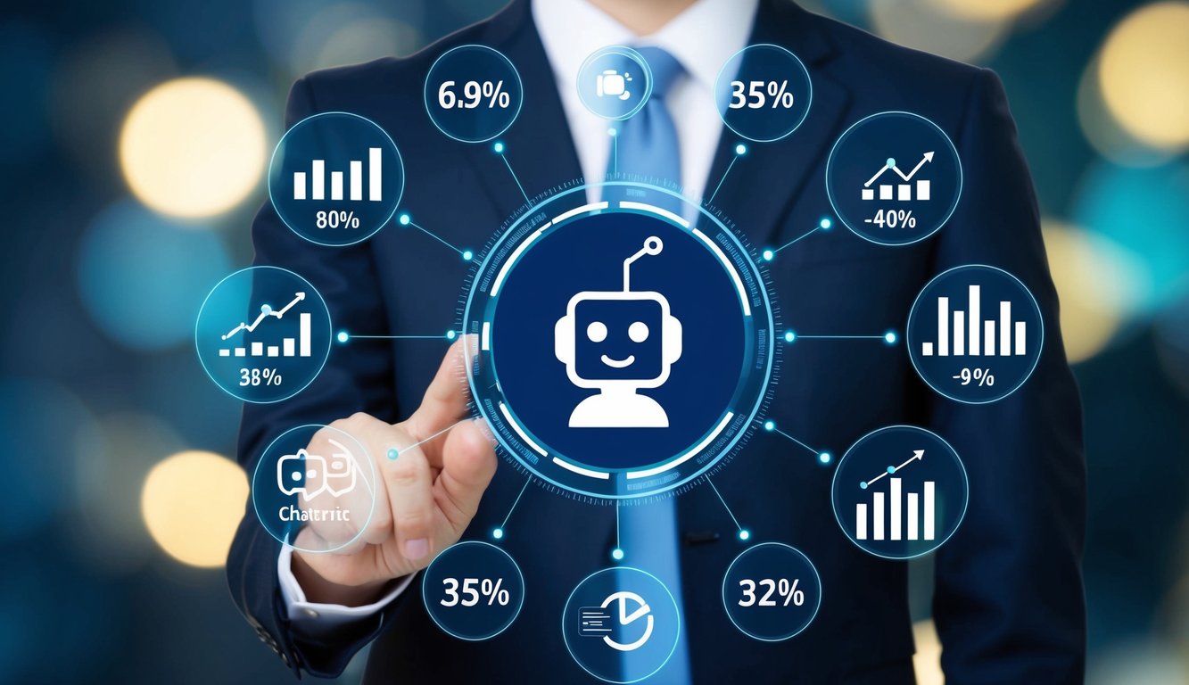 A chatbot icon surrounded by positive engagement metrics and statistics, such as graphs and charts, indicating high effectiveness and user interaction