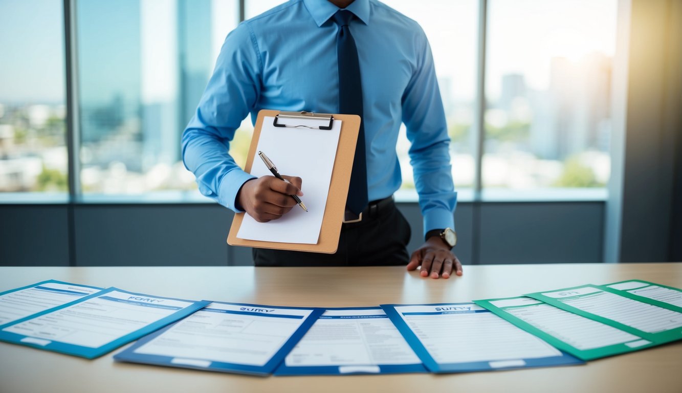 A person holding a clipboard and pen, standing in front of a row of different types of survey forms laid out on a table