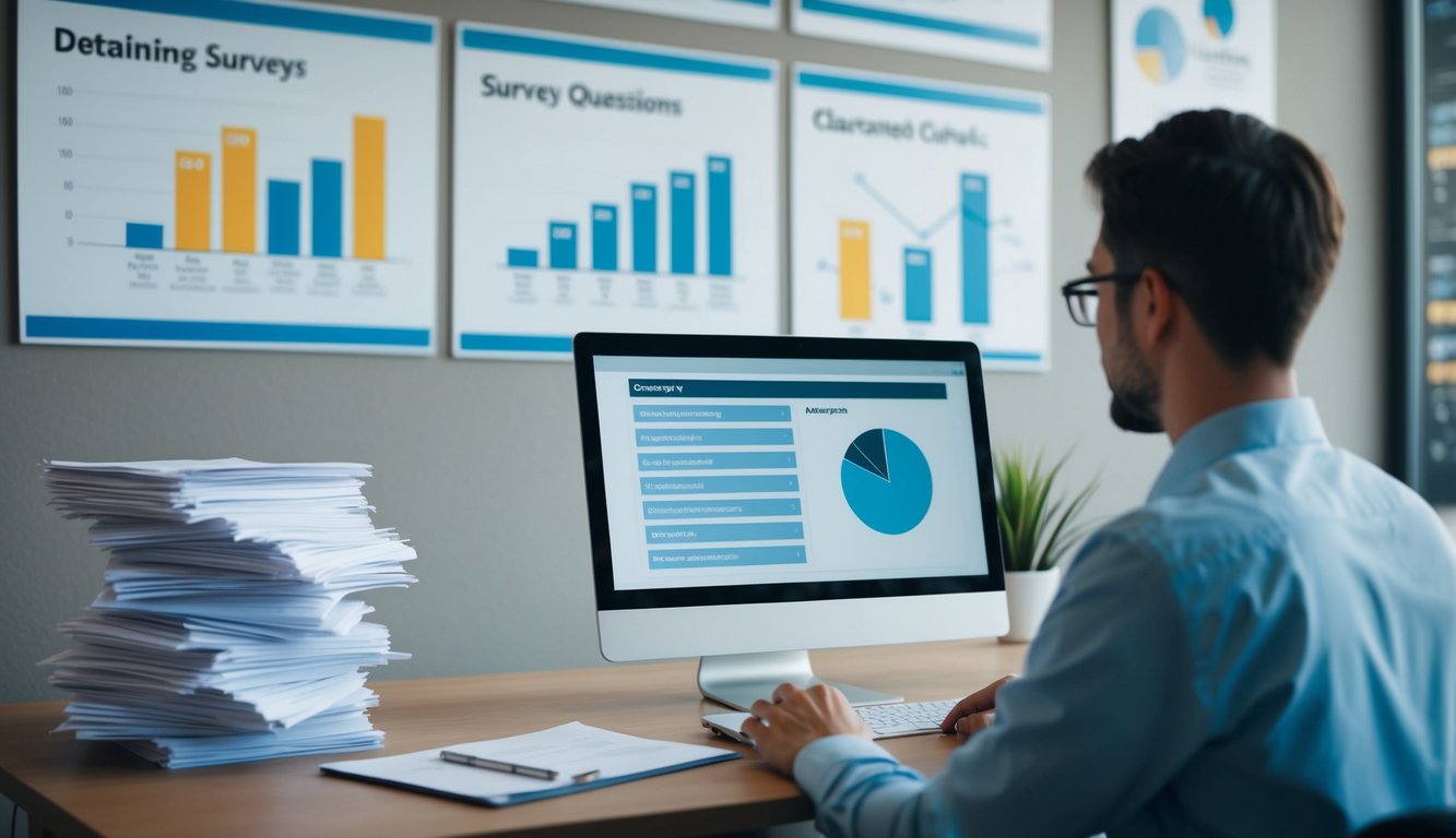 A person at a desk, creating survey questions on a computer. Charts and graphs on the wall show data analysis. A stack of completed surveys nearby