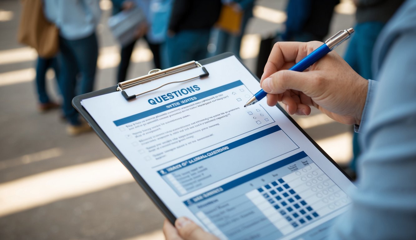 A person holding a clipboard, asking people questions. Multiple choice, rating scale, and open-ended questions are visible on the survey form