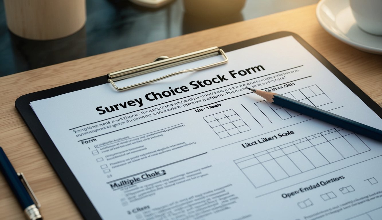 A survey form with multiple choice, Likert scale, and open-ended questions, accompanied by a pencil and a clipboard on a desk