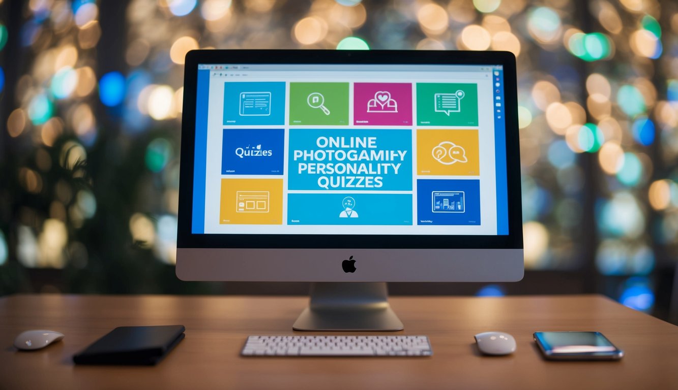 A computer screen displaying various online personality quizzes with colorful graphics and interactive buttons