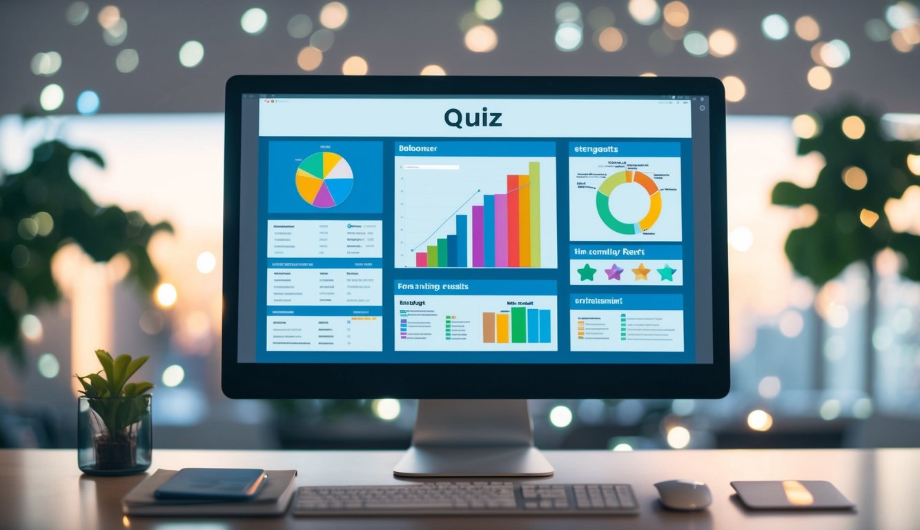 A computer screen displaying colorful charts and graphs representing quiz results, with a user interface showing various personality traits and categories