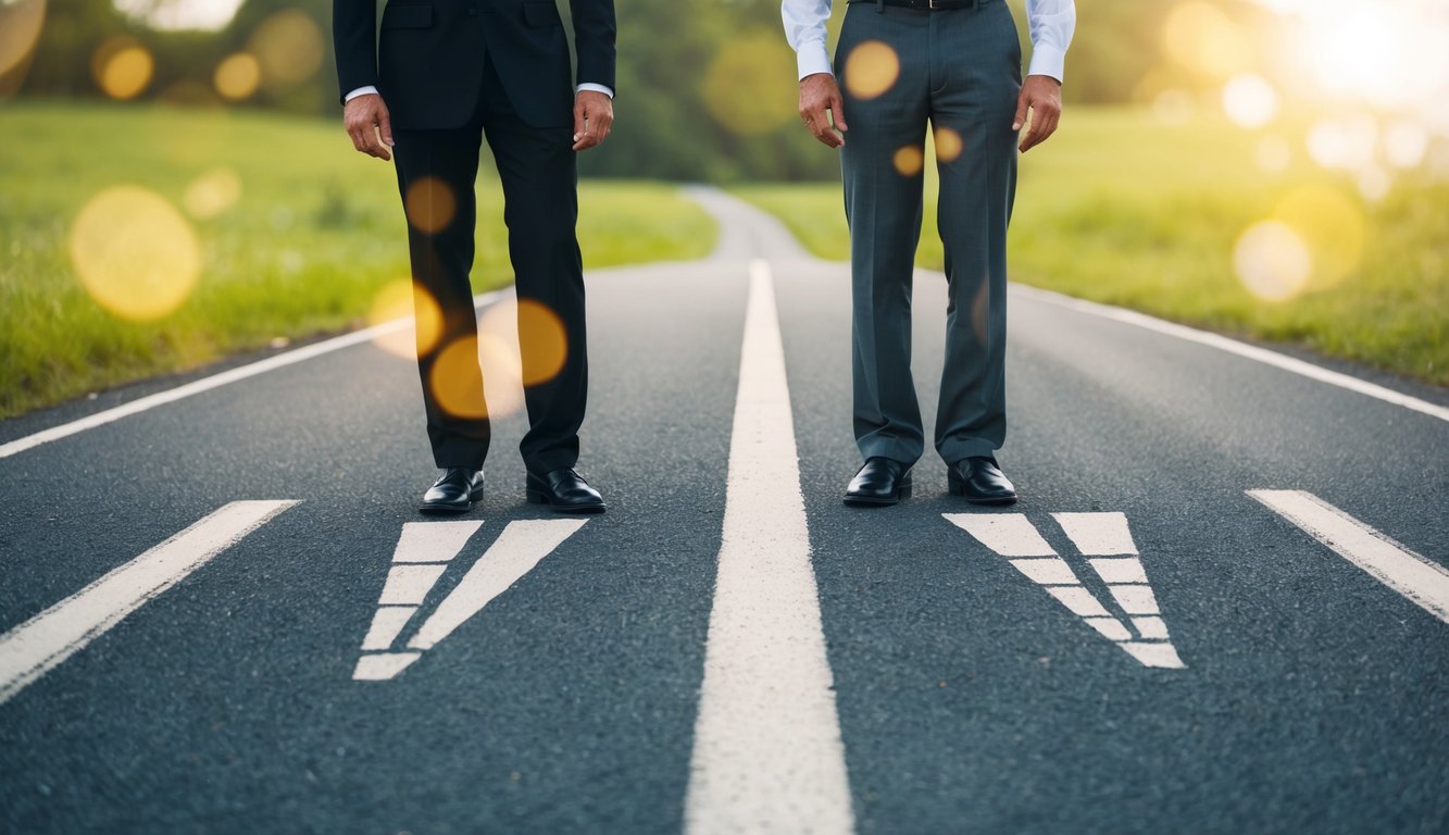 Two paths diverge, each leading to a different outcome. A fork in the road symbolizes the dilemma of double-barreled questions