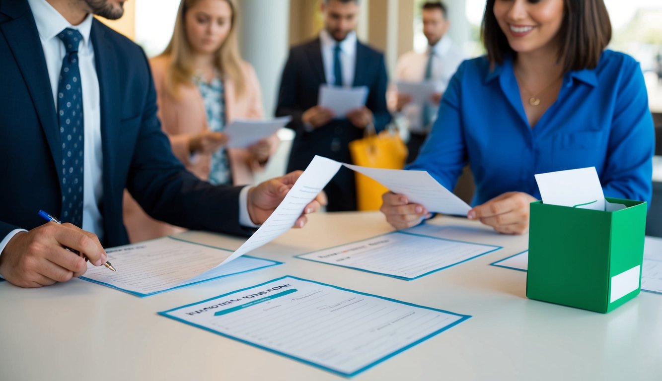 Customers filling out feedback forms at a table with a suggestion box and comment cards. A staff member collects the completed forms