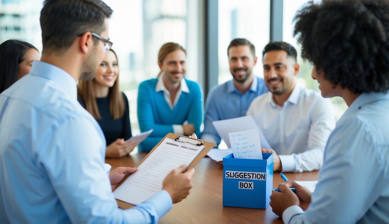 A person holds a clipboard, listening to a group of customers sharing feedback. A suggestion box sits nearby, filled with written notes