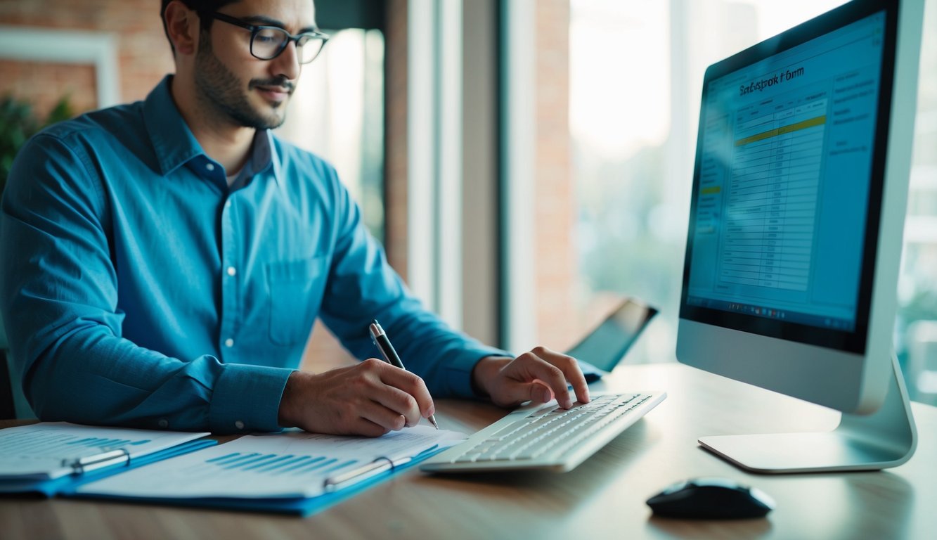 A person collects feedback forms and enters data into a computer for analysis and action