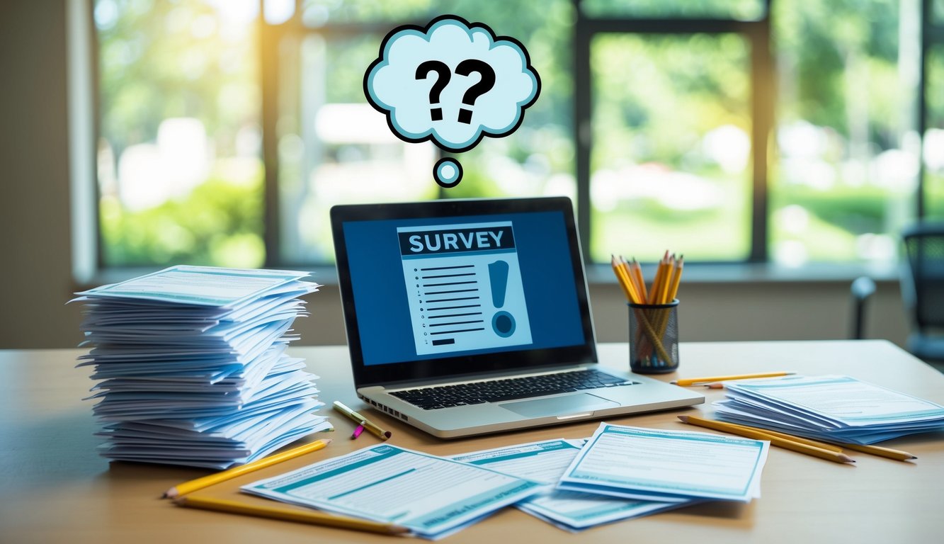 A stack of survey questionnaires with pencils scattered around on a desk. A laptop displaying a survey form. A thought bubble with question marks above the laptop