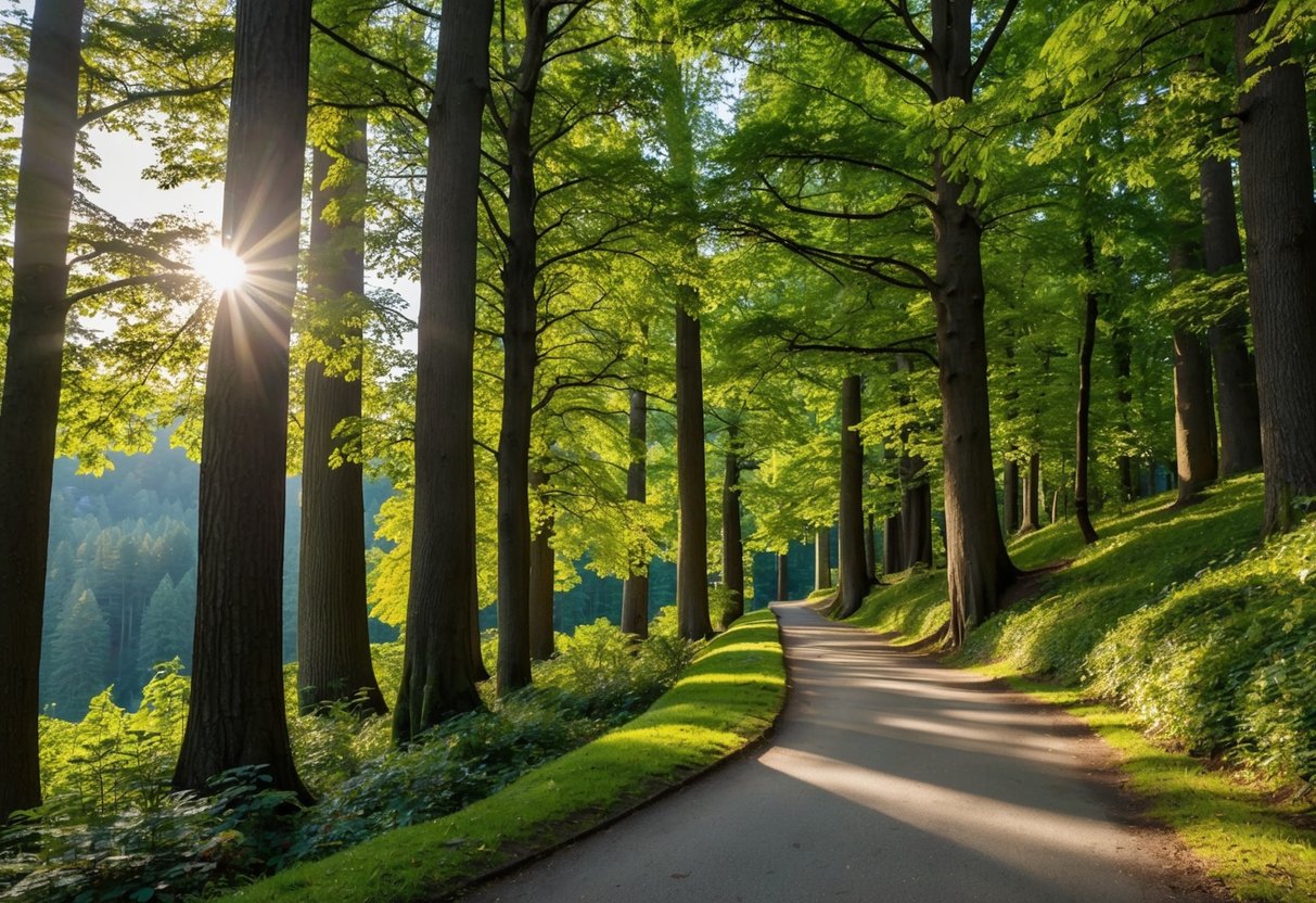 Ein gemütlicher Spaziergang im Schwarzwald, mit hoch aufragenden Bäumen, einem gewundenen Pfad und gesprenkeltem Sonnenlicht, das durch das Laub fällt