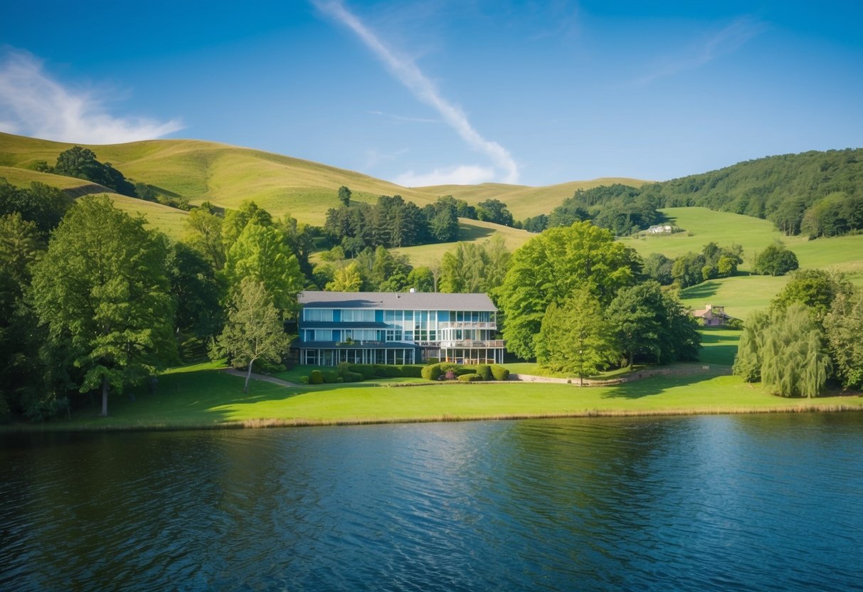 Ein ruhiger Seeufer mit einem Yoga-Retreat-Zentrum, eingebettet zwischen üppigen grünen Bäumen und sanften Hügeln, mit einem klaren blauen Himmel darüber