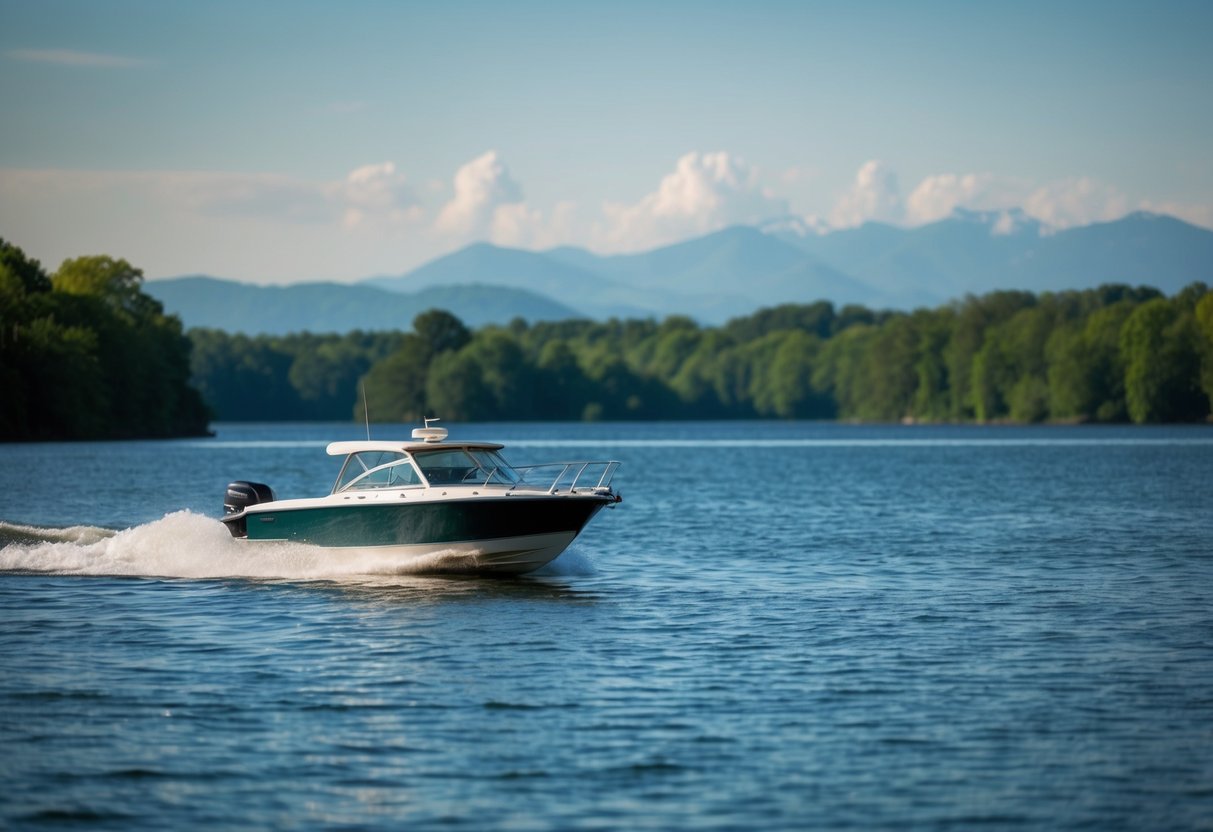 Ein ruhiger See mit einem Boot, das über das Wasser gleitet, umgeben von üppigem Grün und fernen Bergen