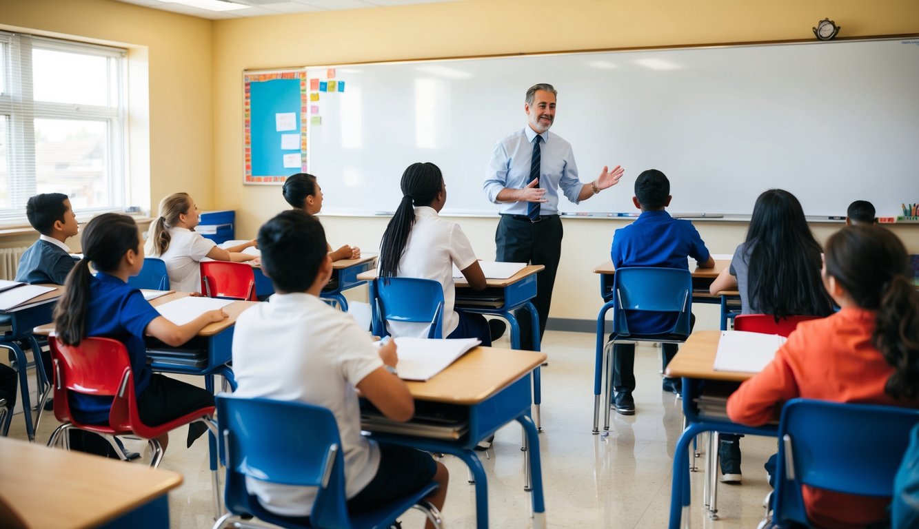 A classroom with desks, chairs, and a whiteboard. A teacher stands at the front, engaging with students. The students are actively participating in the lesson