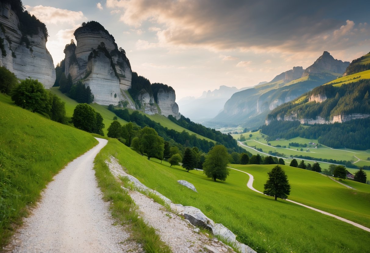 Eine ruhige Landschaft der Sächsischen Schweiz mit hoch aufragenden Felsformationen, üppigem Grün und einem kurvenreichen Weg, der durch die malerische Landschaft führt