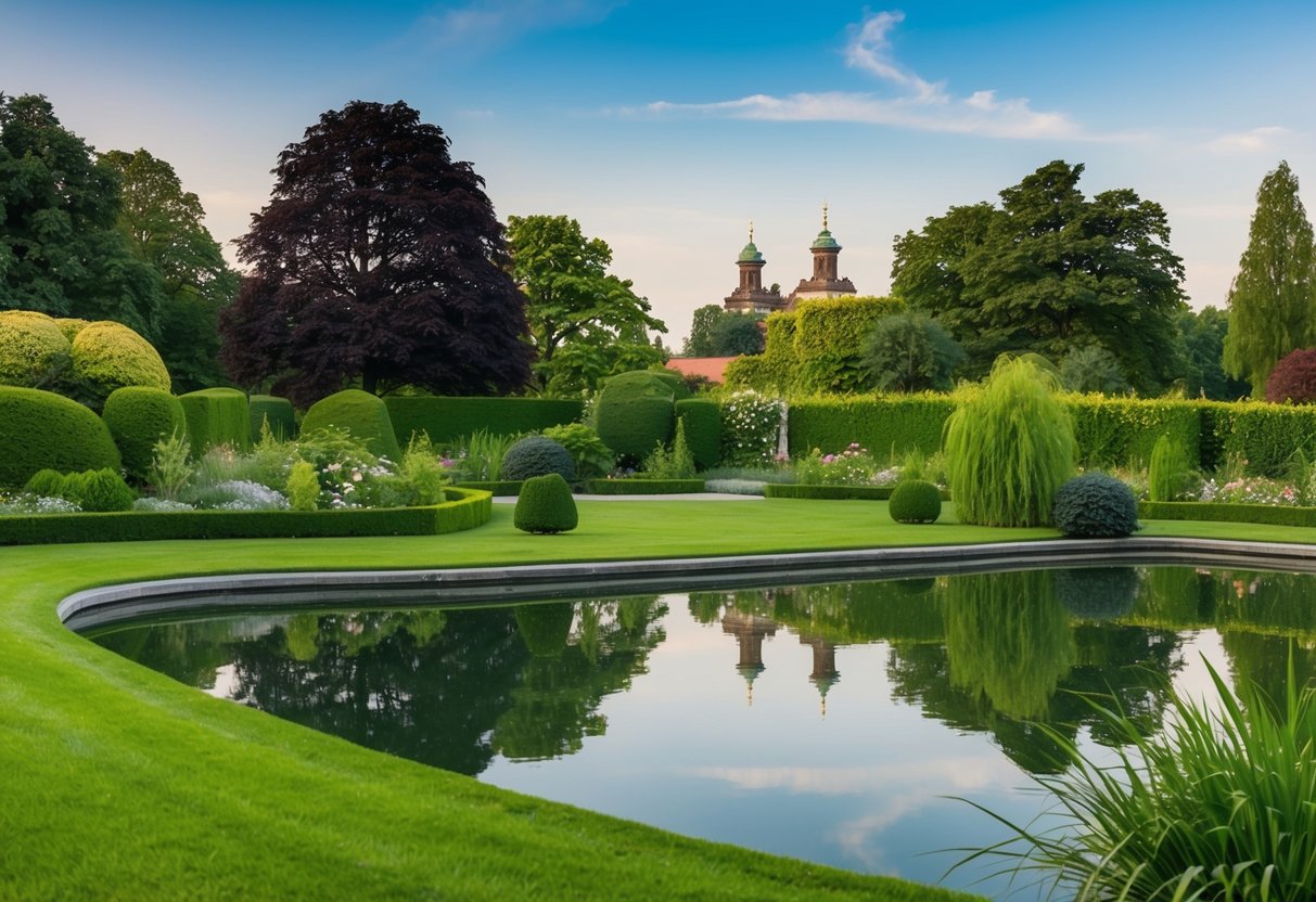 Eine ruhige Szene im Englischen Garten München, mit einem ruhigen Teich, üppigem Grün und einer friedlichen Atmosphäre für Digital Detox