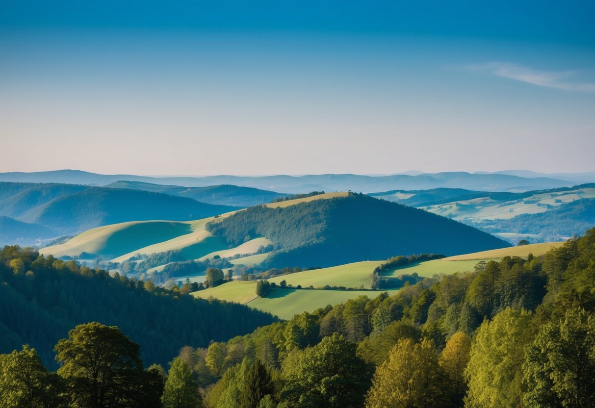 Eine ruhige Landschaft aus sanften Hügeln und üppigen Wäldern im Allgäu, mit einem klaren blauen Himmel und einer friedlichen Atmosphäre