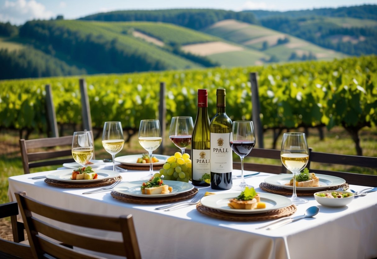 Ein gedeckter Tisch mit lokalen Pfälzer Weinen und traditioneller deutscher Küche, umgeben von Weinbergen und sanften Hügeln