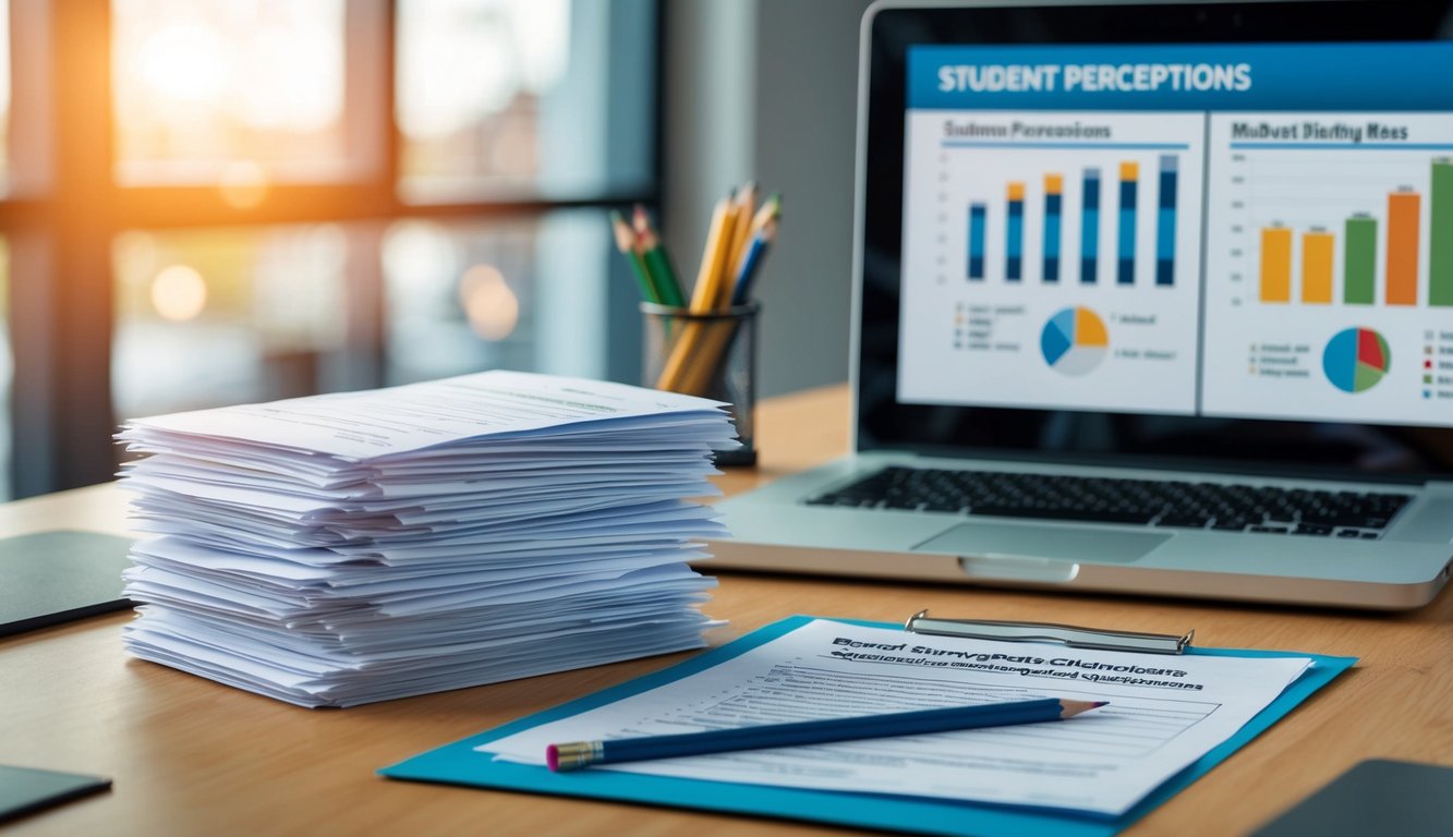 A stack of survey questionnaires, a pencil, and a filled-out response sheet on a desk. Graphs and charts displaying student perceptions on a computer screen