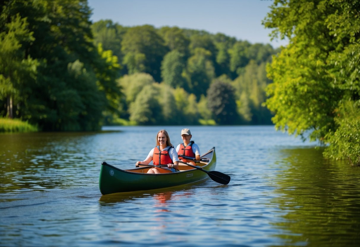 Eine friedliche Kanutour auf der Mecklenburgischen Seenplatte, umgeben von üppigem Grün und ruhigen Gewässern