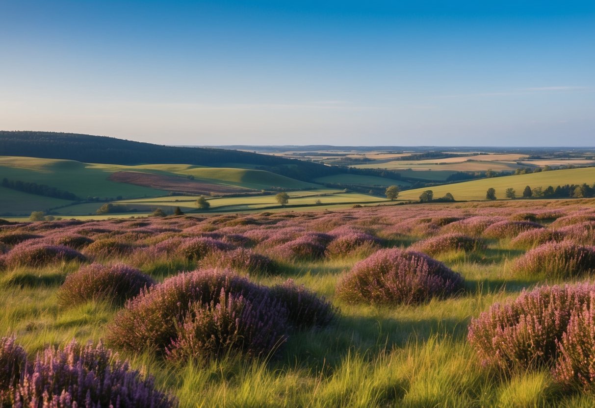 Eine ruhige Landschaft in der Lüneburger Heide mit sanften Hügeln, blühender Heide und einem klaren blauen Himmel. Eine friedliche Atmosphäre ohne Anzeichen digitaler Technologie