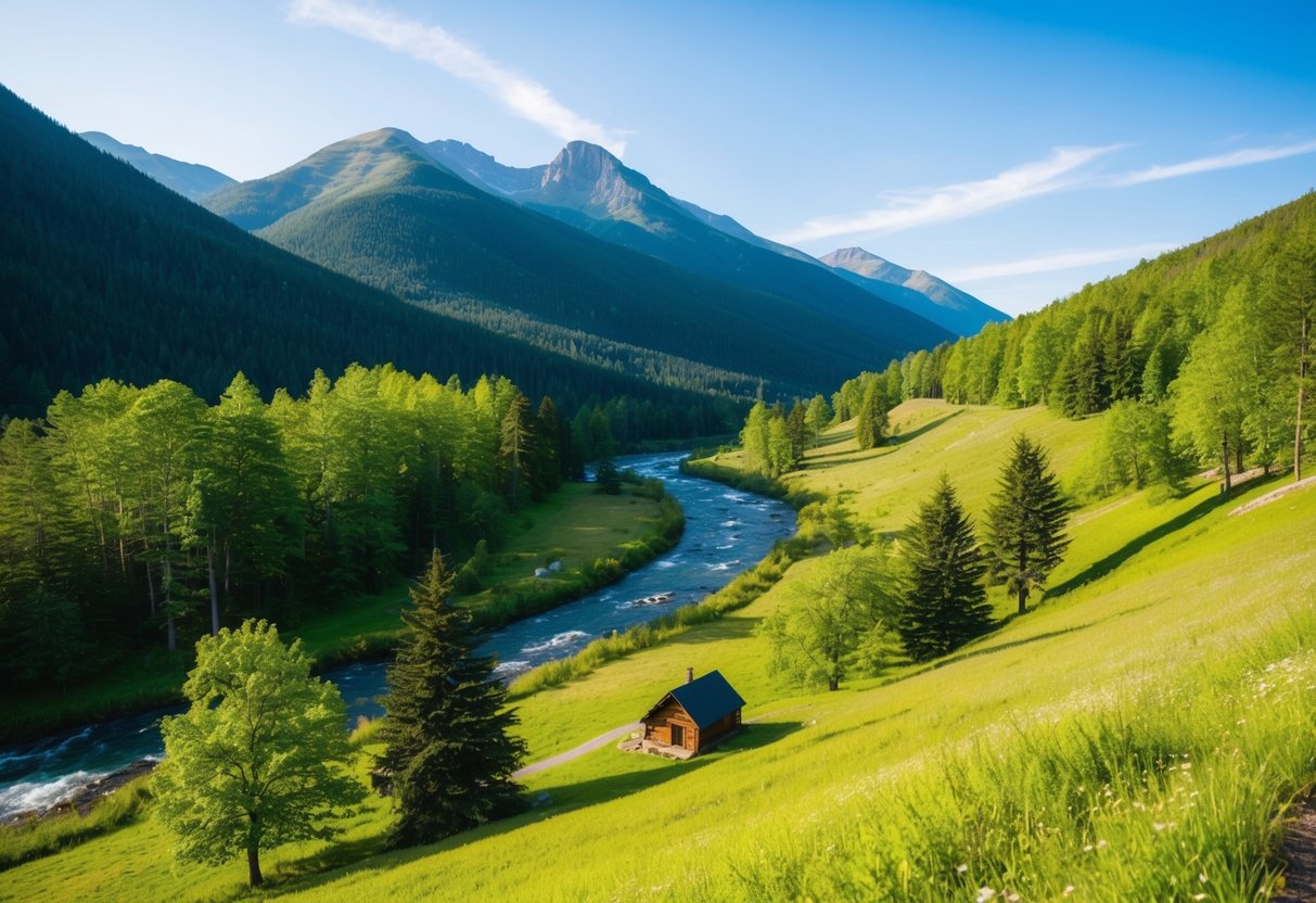 Eine ruhige Berglandschaft mit einem gewundenen Fluss, üppig grünen Bäumen und einem klaren blauen Himmel. Eine kleine Hütte liegt eingebettet im Tal, umgeben von friedlicher Natur