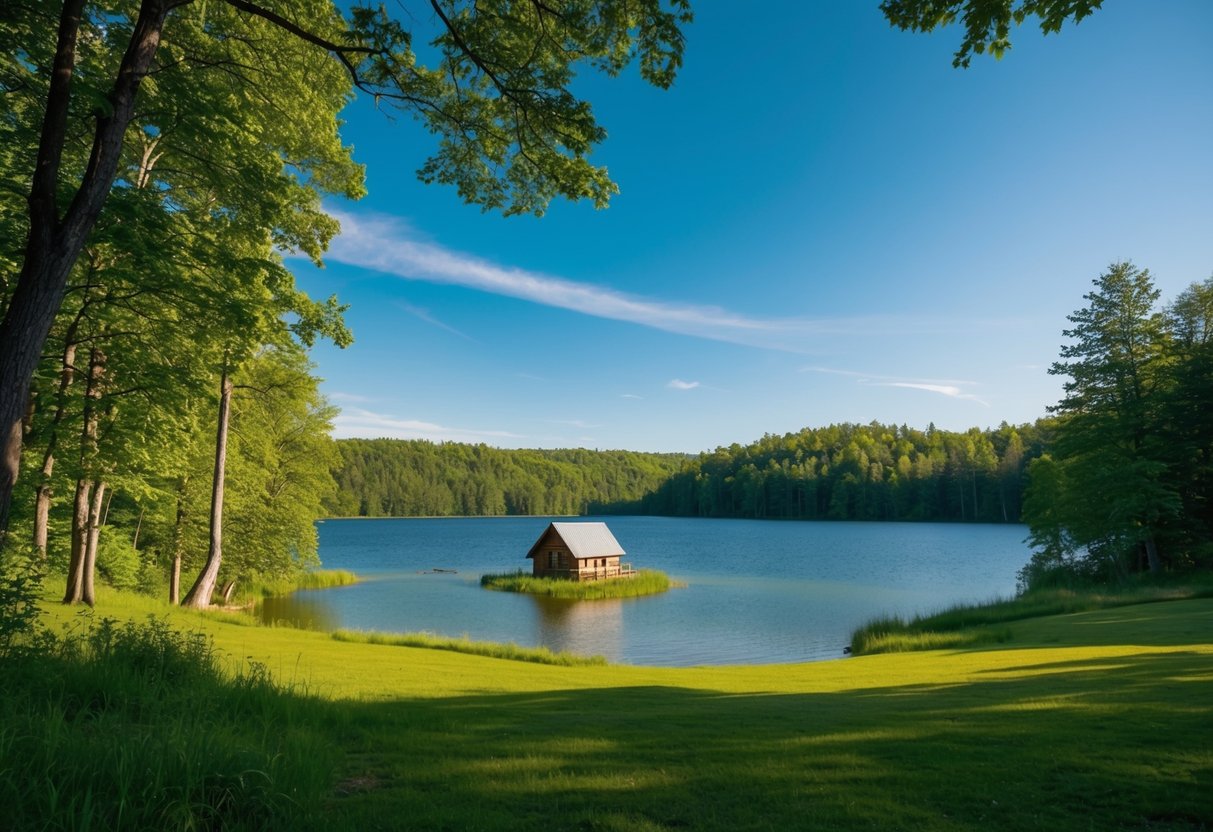 Eine ruhige Landschaft mit einem friedlichen See, umgeben von üppigem Grün und einem klaren blauen Himmel darüber. Eine kleine Hütte liegt eingebettet in den Bäumen, ohne Anzeichen von Technologie