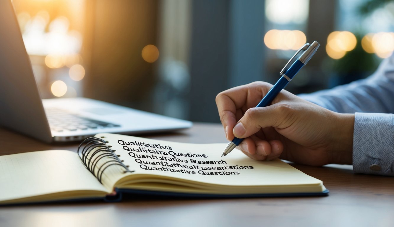 A person writing down a list of qualitative and quantitative research questions in a notebook