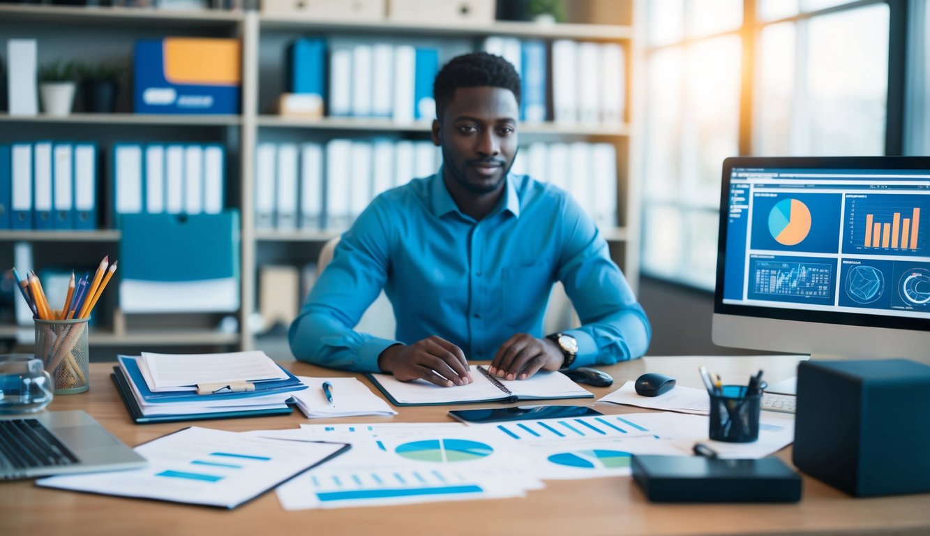 A person at a desk surrounded by research papers, a computer, and various data analysis tools