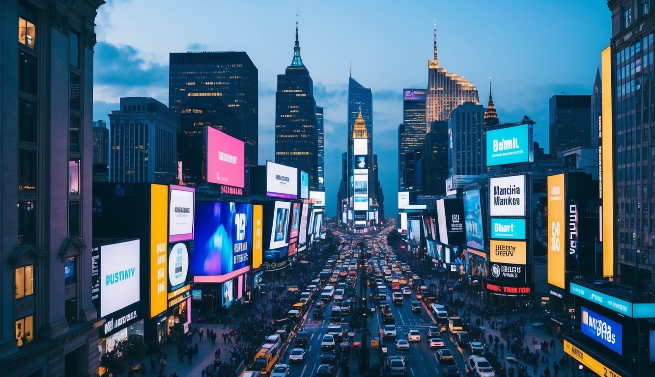 A vibrant city skyline with illuminated billboards and digital screens showcasing the latest marketing trends. Busy streets filled with people and cars, reflecting the dynamic nature of the industry