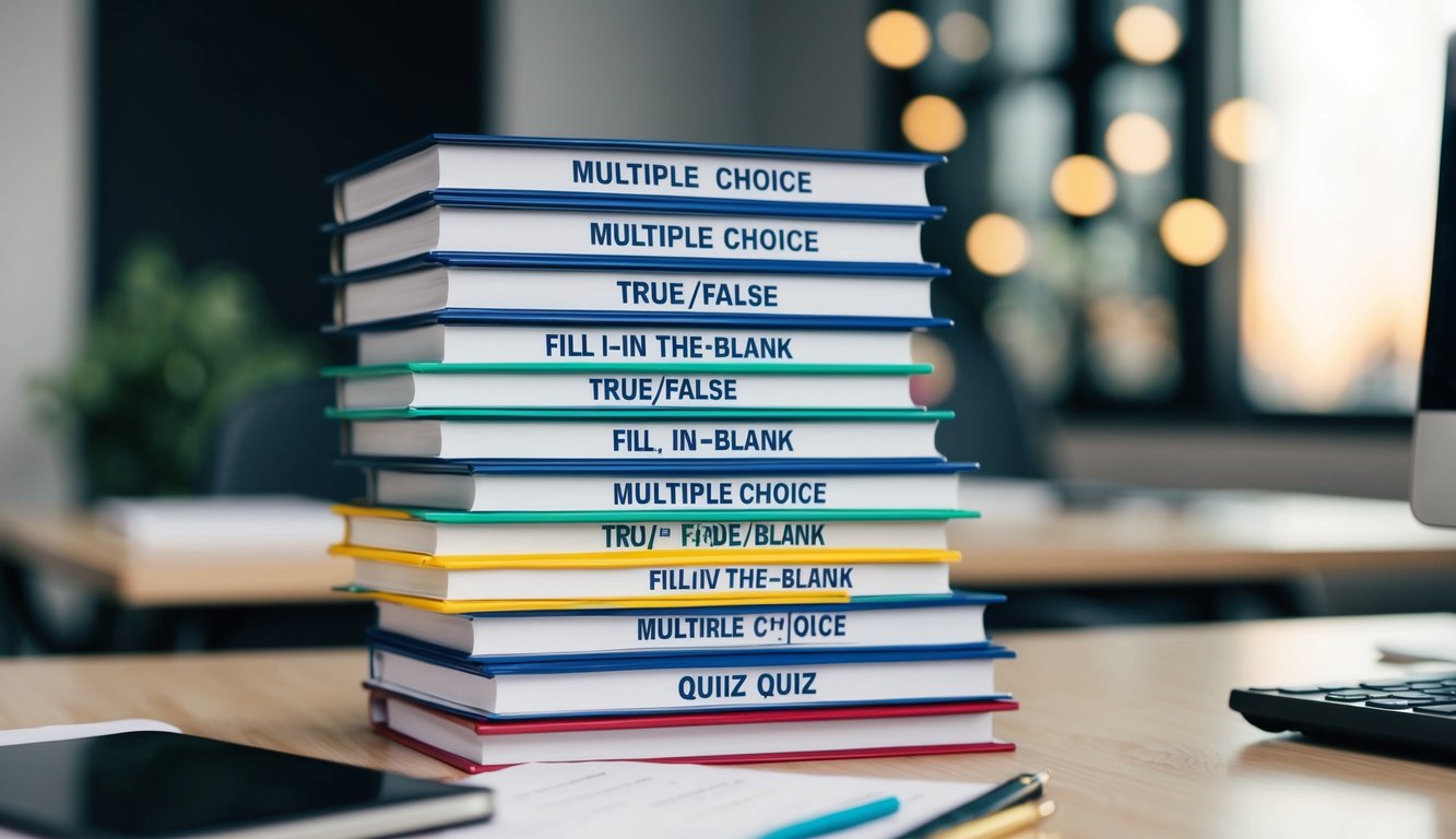 A stack of multiple choice, true/false, and fill-in-the-blank quiz questions arranged neatly on a desk