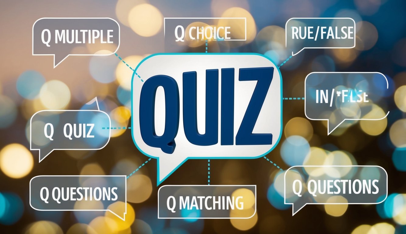 A variety of quiz question types arranged in a grid, including multiple choice, true/false, fill-in-the-blank, and matching questions