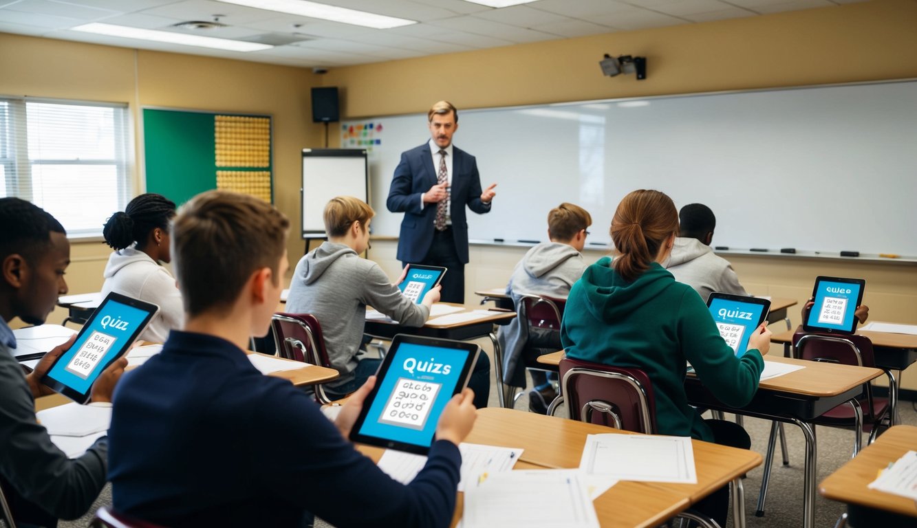 A classroom setting with students taking quizzes on tablets, paper, and whiteboards, while the teacher observes and guides the process