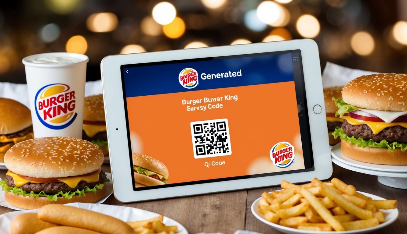 A digital screen displaying a generated Burger King survey code with a QR code beneath it. Surrounding the screen are various fast food items and a Burger King logo