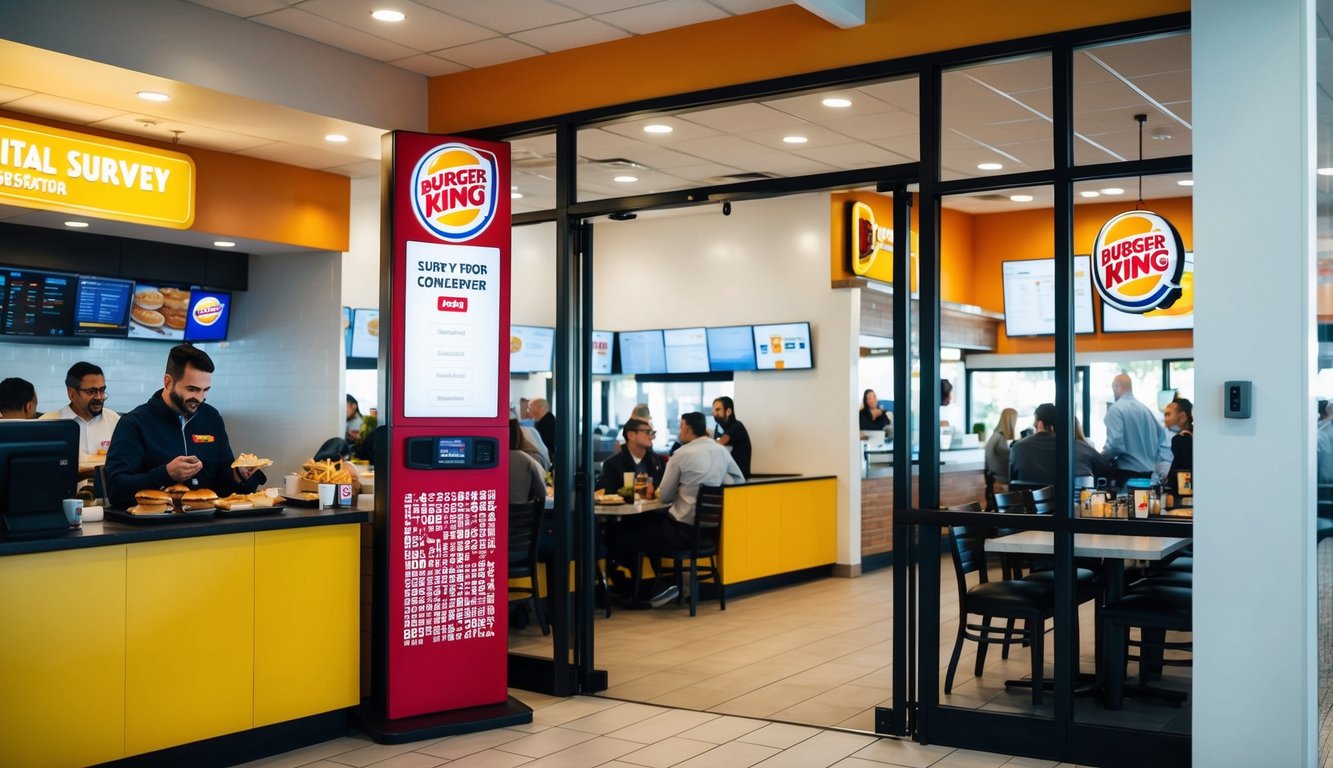 A bright and inviting Burger King restaurant with a digital survey code generator displayed prominently near the entrance. The interior is clean and modern, with customers enjoying their meals