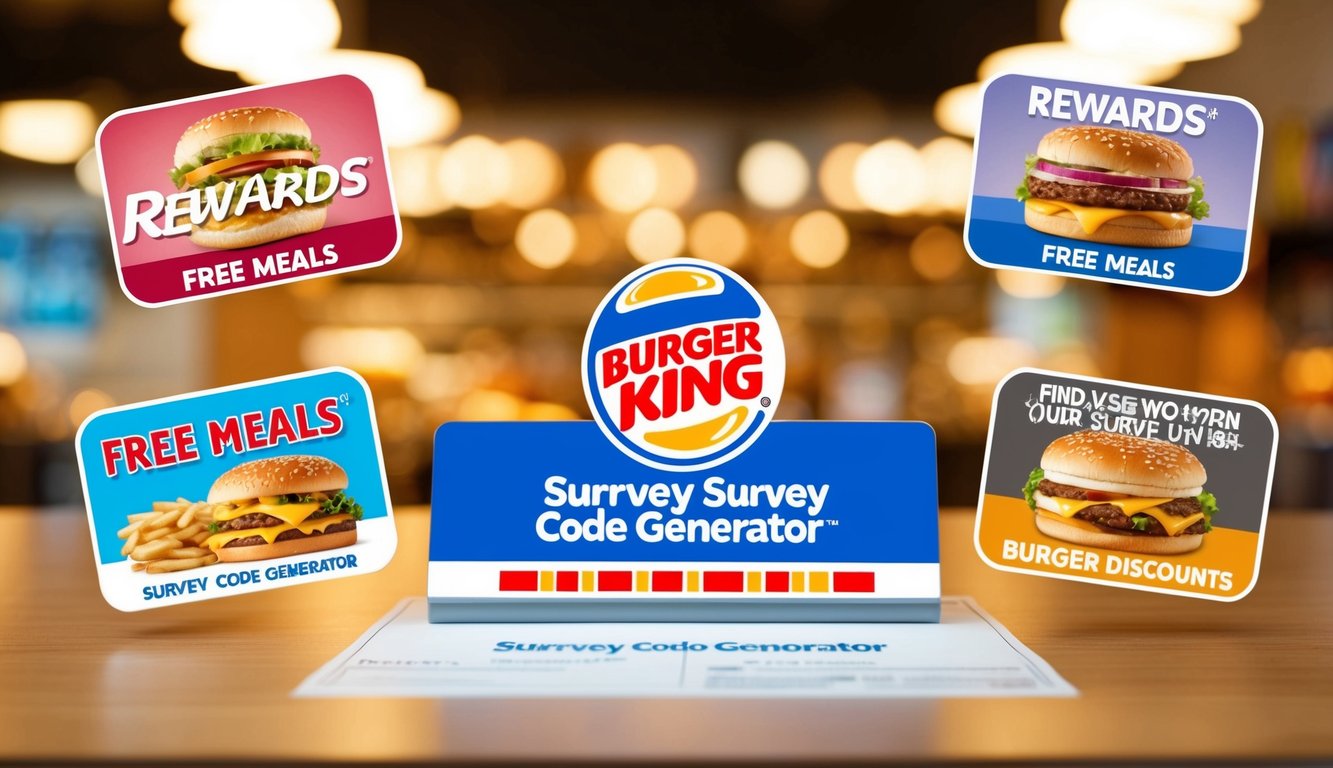 A table with a Burger King survey code generator surrounded by images of rewards and incentives such as free meals and discounts