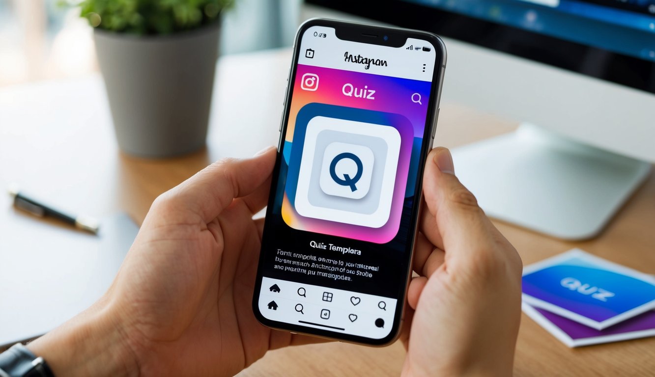 A smartphone with an open Instagram app displaying a quiz template on the screen. The background can include elements like a table or a desk