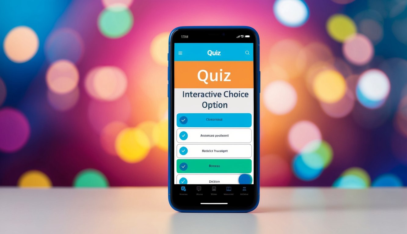 A colorful smartphone displaying an interactive quiz template with multiple choice options and a vibrant background