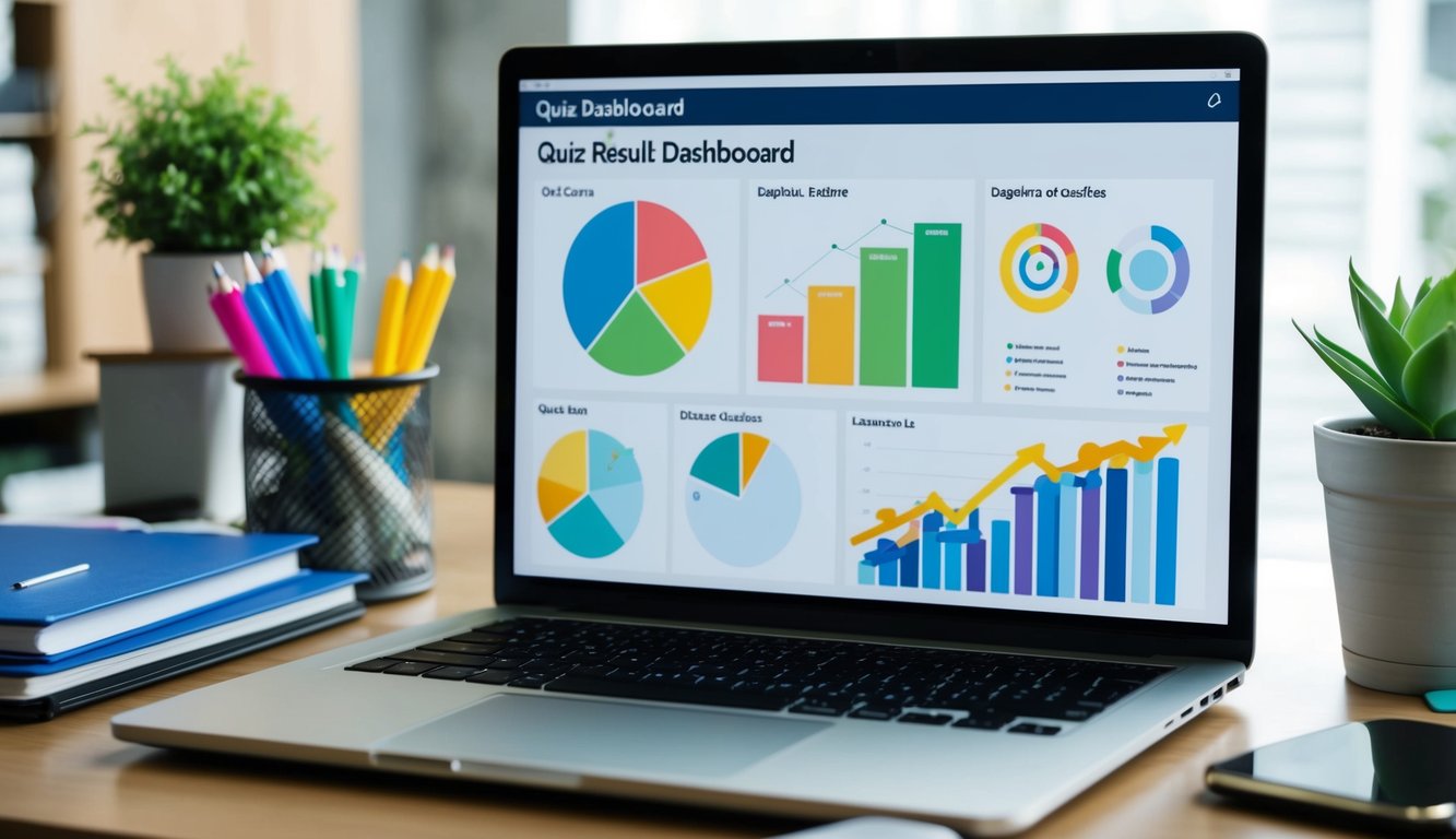 A laptop displaying a quiz result dashboard with various colorful graphs and charts, surrounded by office supplies and a potted plant