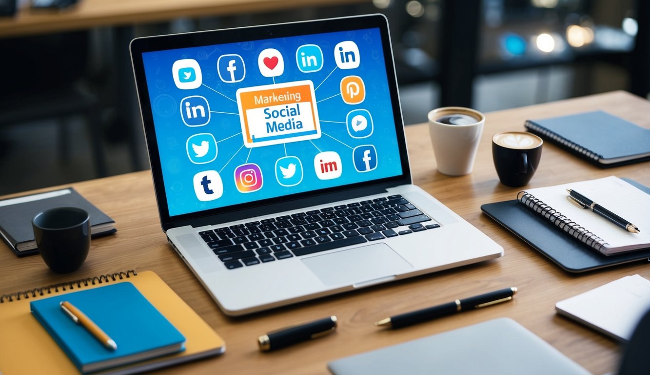 A laptop with various social media icons displayed on the screen, surrounded by marketing materials such as a pen, notebook, and coffee cup