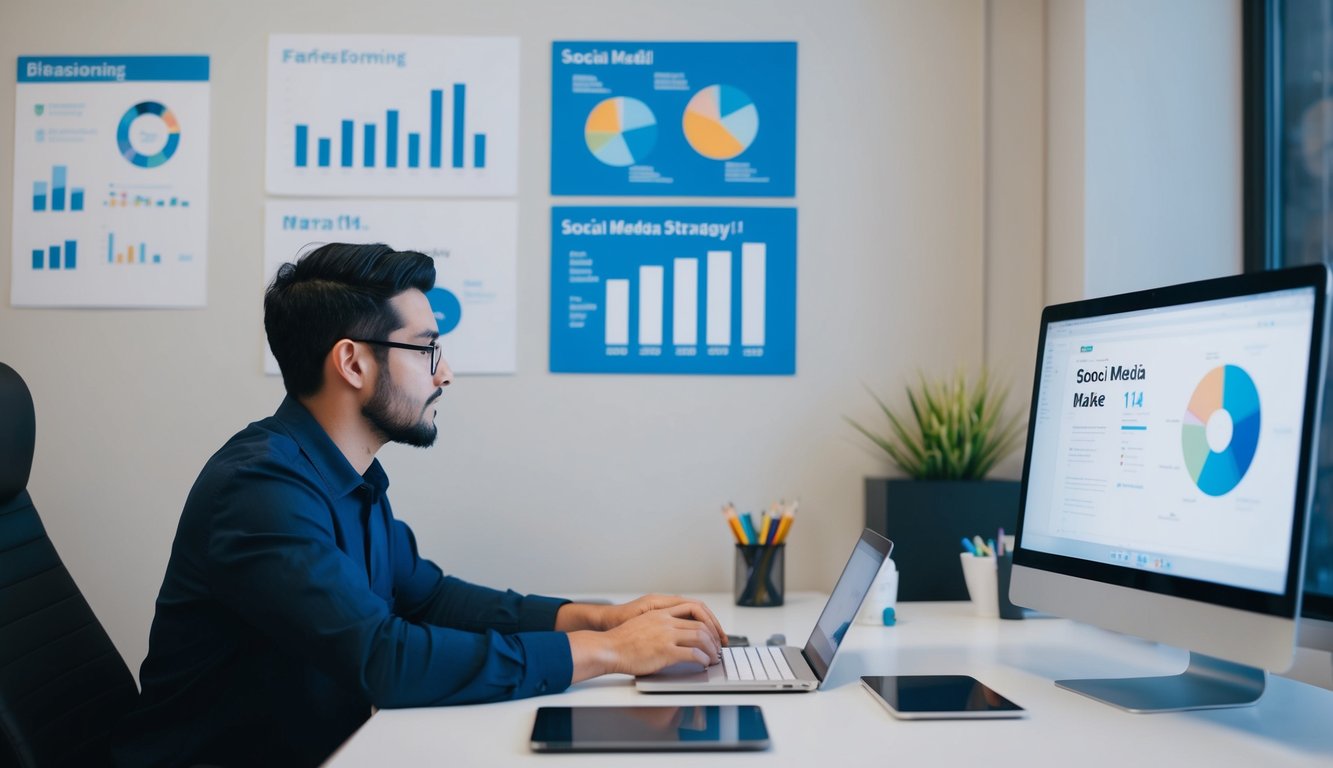 A person at a desk with a computer, brainstorming and planning a social media marketing strategy. Charts and graphs on the wall