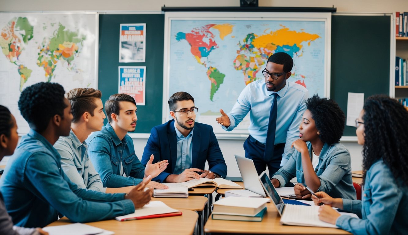 A classroom with diverse students discussing political topics, with a teacher facilitating the conversation. Books, posters, and a world map decorate the walls