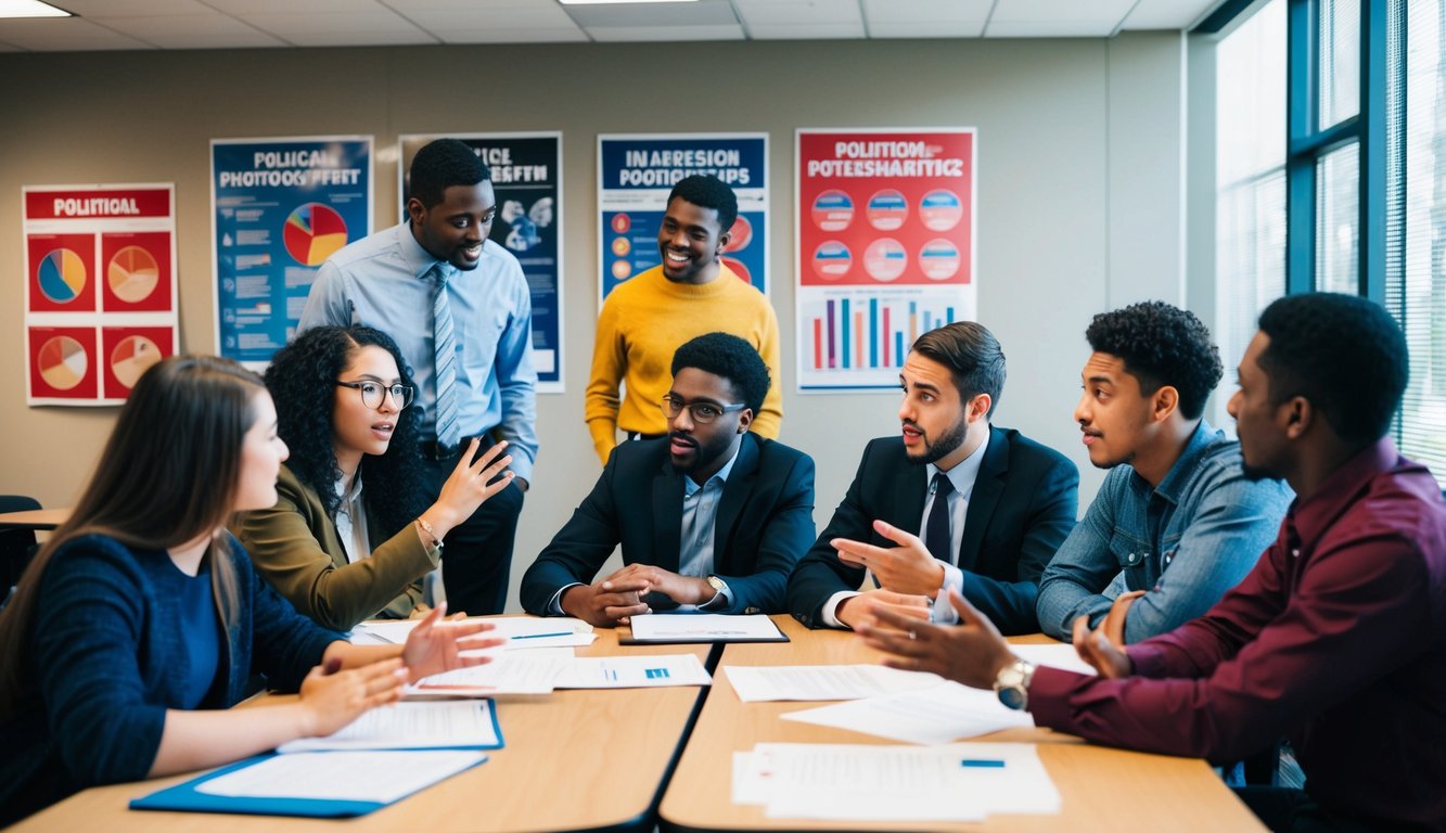 A group of diverse students engage in a lively discussion, surrounded by political posters and charts. They are deep in conversation, gesturing and sharing their perspectives on the political landscape